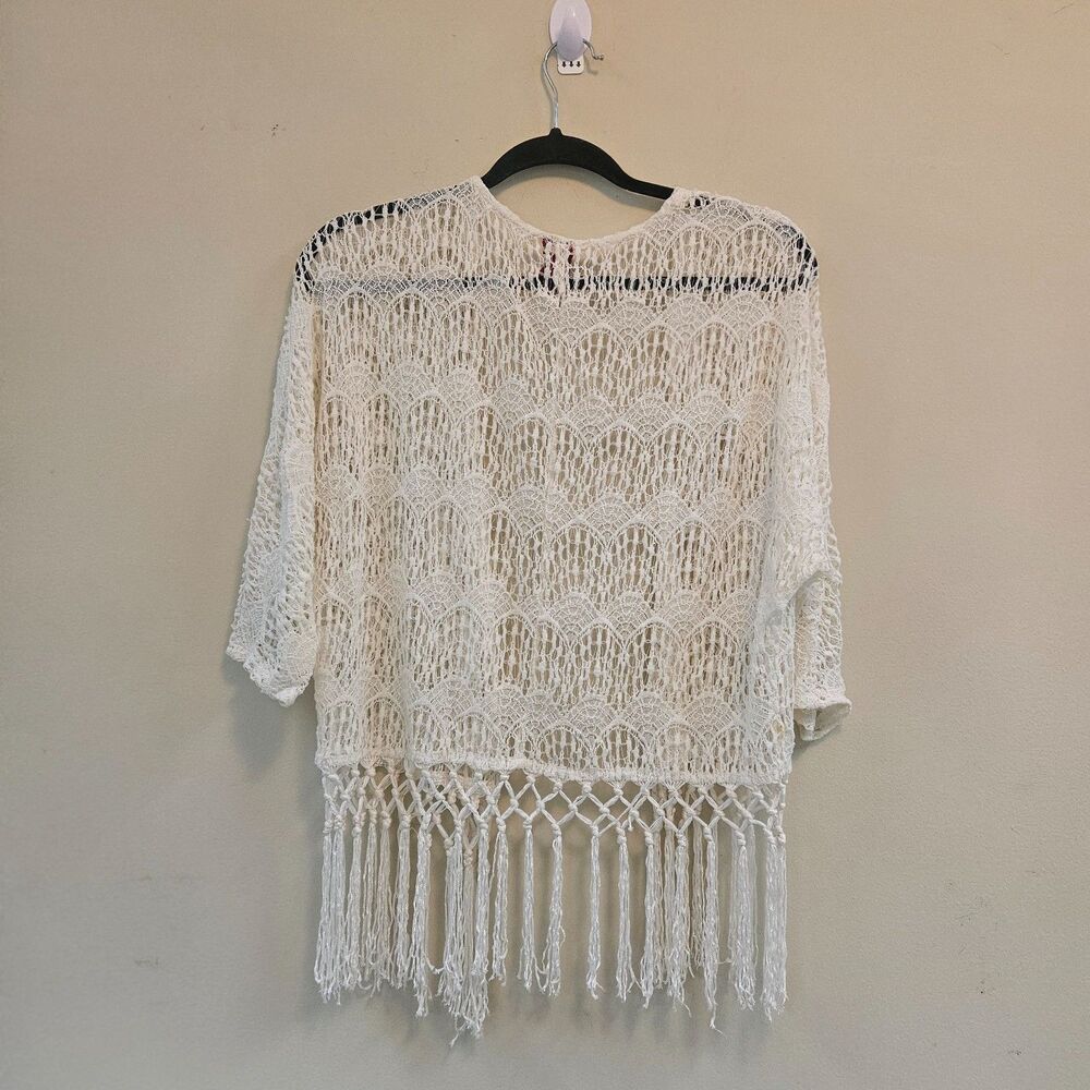Red Camel Cream Crochet Open Front Top Sz S Fringe Boho Festival Layer Hippie - Picture 2 of 9